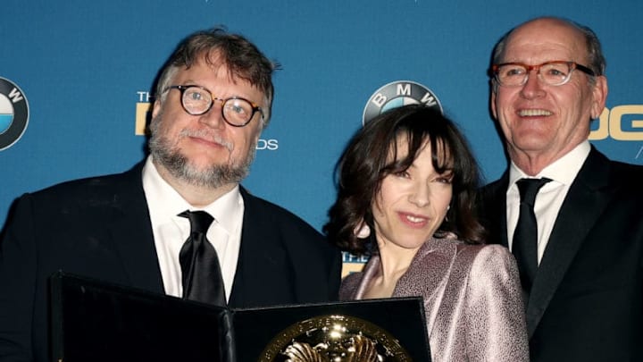 BEVERLY HILLS, CA - FEBRUARY 03: (L-R) Director Guillermo del Toro, winner of the award for Outstanding Directorial Achievement in Feature Film for 'The Shape of Water', and actors Sally Hawkins and Richard Jenkins pose in the press room during the 70th Annual Directors Guild Of America Awards at The Beverly Hilton Hotel on February 3, 2018 in Beverly Hills, California. (Photo by Frederick M. Brown/Getty Images)