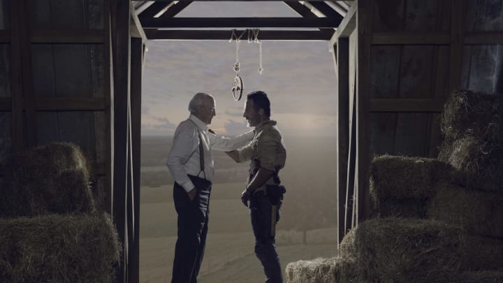 Andrew Lincoln as Rick Grimes, Scott Wilson as Hershel Greene – The Walking Dead _ Season 9, Episode 5 – Photo Credit: Jackson Lee Davis/AMC