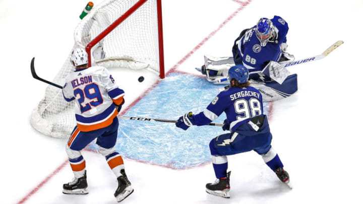 EDMONTON, ALBERTA - SEPTEMBER 07: A shot hits the crossbar past Andrei Vasilevskiy #88 of the Tampa Bay Lightning as Brock Nelson #29 of the New York Islanders reacts during the second period in Game One of the Eastern Conference Final during the 2020 NHL Stanley Cup Playoffs at Rogers Place on September 07, 2020 in Edmonton, Alberta, Canada. (Photo by Bruce Bennett/Getty Images)