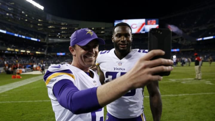 CHICAGO, IL - OCTOBER 09: Kai Forbath #2 and Latavius Murray #25 of the Minnesota Vikings take a selfie after winning the game against the Chicago Bears at Soldier Field on October 9, 2017 in Chicago, Illinois. The Minnesota Vikings defeated the Chicago Bears 20-17. (Photo by Joe Robbins/Getty Images)