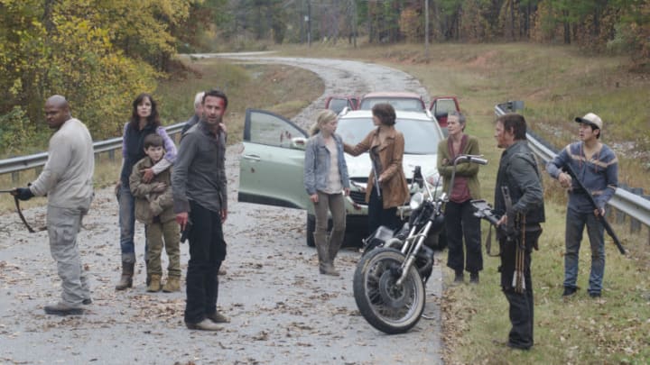 (L-R) T-Dog (Robert 'IronE' Singleton), Lori Grimes (Sarah Wayne Callies), Carl Grimes (Chandler Riggs), Hershel Greene (Scott Wilson), Rick Grimes (Andrew Lincoln), Beth (Emily Kinney), Maggie Greene (Lauren Cohan), Carol (Melissa Suzanne McBride), Daryl Dixon (Norman Reedus) and Glenn (Steven Yeun) - The Walking Dead - Season 2, Episode 13 - Photo Credit: Gene Page/AMC