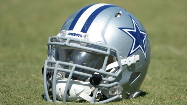 Jul 31, 2014; Oxnard, CA, USA; Dallas Cowboys helmet at training camp at the River Ridge Fields. Mandatory Credit: Kirby Lee-USA TODAY Sports