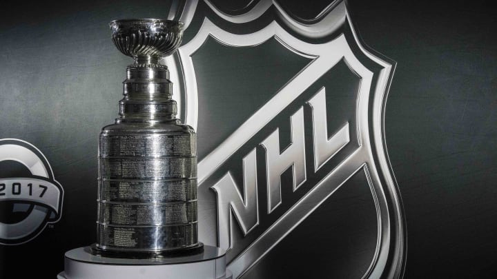 Jan 14, 2017; Dallas, TX, USA; A general view of the Stanley Cup and NHL Logo before the game between the Dallas Stars and the Minnesota Wild at American Airlines Center. Mandatory Credit: Jerome Miron-USA TODAY Sports