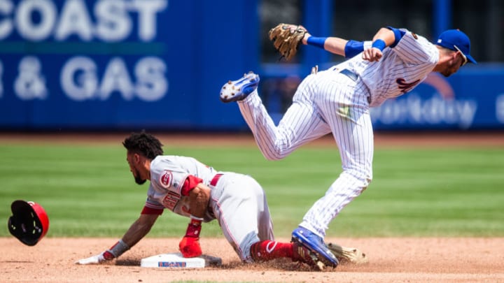NEW YORK, NY - AUGUST 8: Billy Hamilton #6 of the Cincinnati Reds slides safely into second base during the game against the New York Mets at Citi Field on Wednesday August 8, 2018 in the Queens borough of New York City. (Photo by Rob Tringali/SportsChrome/Getty Images)
