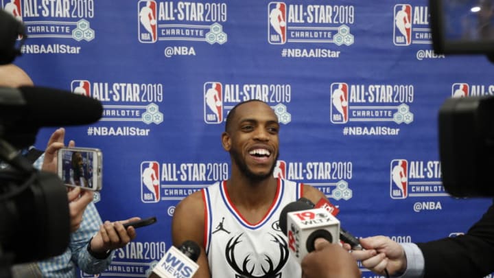 CHARLOTTE, NC - FEBRUARY 17: Khris Middleton #2 of Team Giannis addresses the media after the 2019 NBA All-Star Game on February 17, 2019 at the Spectrum Center in Charlotte, North Carolina. NOTE TO USER: User expressly acknowledges and agrees that, by downloading and/or using this photograph, user is consenting to the terms and conditions of the Getty Images License Agreement. Mandatory Copyright Notice: Copyright 2019 NBAE (Photo by Chris Keane/NBAE via Getty Images)