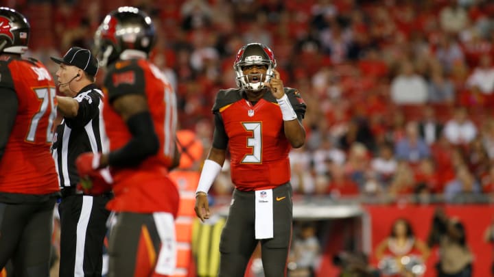 TAMPA, FL – DECEMBER 18: Quarterback Jameis Winston #3 of the Tampa Bay Buccaneers controls the offense during the first quarter of an NFL football game against the Atlanta Falcons on December 18, 2017 at Raymond James Stadium in Tampa, Florida. (Photo by Brian Blanco/Getty Images)