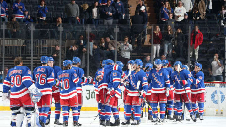 NEW YORK, NY - OCTOBER 29: The New York Rangers celebrate after defeating the Tampa Bay Lightning 4-1 at Madison Square Garden on October 29, 2019 in New York City. (Photo by Jared Silber/NHLI via Getty Images)