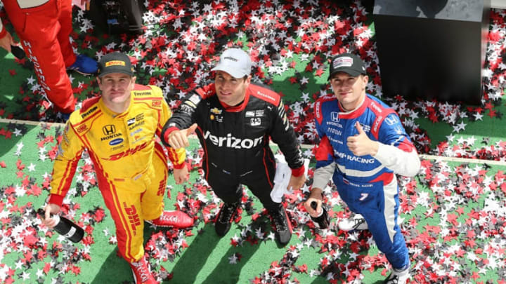 From left: Ryan Hunter-Reay, Will Power and Mikhail Aleshin celebrate on the podium after the 2016 ABC Supply 500. Photo Credit: Chris Jones/Courtesy of IndyCar