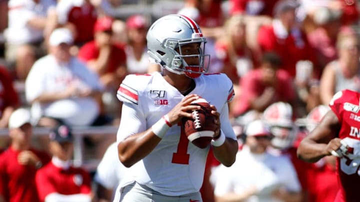 BLOOMINGTON, INDIANA - SEPTEMBER 14: Justin Fields #1 of the Ohio State Buckeyes throws a pass in the game against the Indiana Hoosiers during the second quarter at Memorial Stadium on September 14, 2019 in Bloomington, Indiana. (Photo by Justin Casterline/Getty Images)