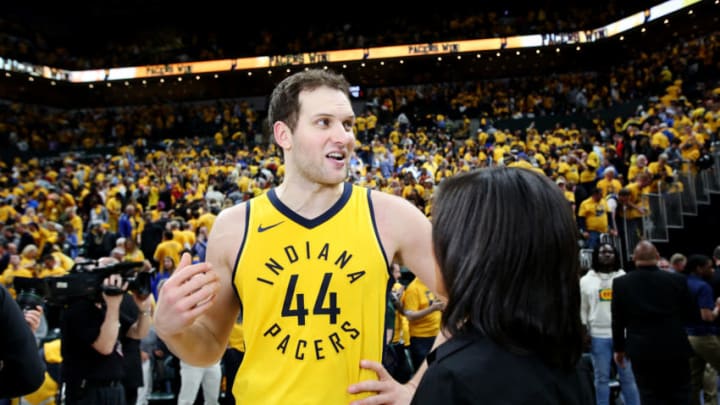 INDIANAPOLIS, IN - APRIL 20: Bojan Bogdanovic #44 of the Indiana Pacers talks to the media after Game Three of Round One of the 2018 NBA Playoffs against the Cleveland Cavaliers on April 20, 2018 at Bankers Life Fieldhouse in Indianapolis, Indiana. NOTE TO USER: User expressly acknowledges and agrees that, by downloading and or using this Photograph, user is consenting to the terms and conditions of the Getty Images License Agreement. Mandatory Copyright Notice: Copyright 2018 NBAE (Photo by Ron Hoskins/NBAE via Getty Images)