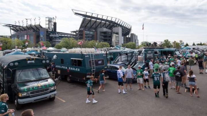 Sep 11, 2016; Philadelphia, PA, USA; Fans tailgate prior to action between the Philadelphia Eagles and the Cleveland Browns Lincoln Financial Field. Mandatory Credit: Bill Streicher-USA TODAY Sports