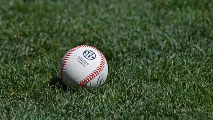 Omaha, NE - JUNE 27: A general view of a baseball on the field prior to game two of the College World Series Championship Series between the Oregon State Beavers and the Arkansas Razorbacks on June 27, 2018 at TD Ameritrade Park in Omaha, Nebraska. (Photo by Peter Aiken/Getty Images)