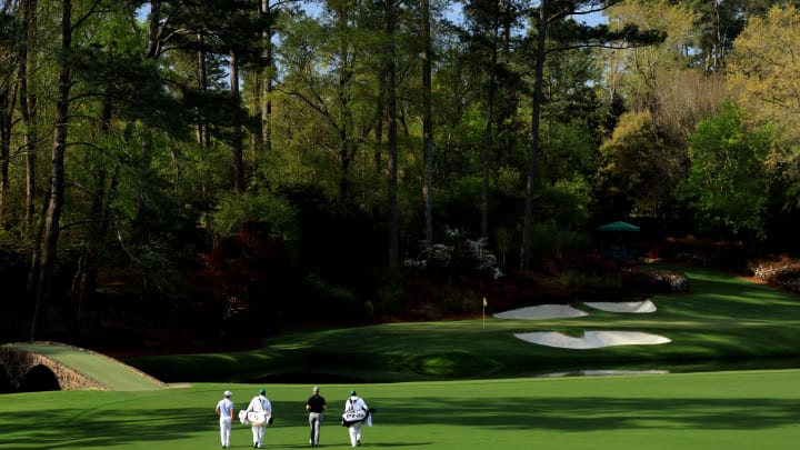 AUGUSTA, GEORGIA – APRIL 04: Billy Horschel of the United States and Seamus Power of Ireland walk to the 12th green during a practice round prior to the Masters at Augusta National Golf Club on April 04, 2022 in Augusta, Georgia. (Photo by David Cannon/Getty Images)