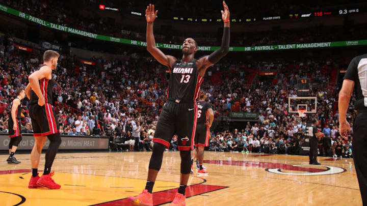 Bam Adebayo #13 of the Miami Heat reacts to crowd during the game against the Sacramento Kings(Photo by Issac Baldizon/NBAE via Getty Images)