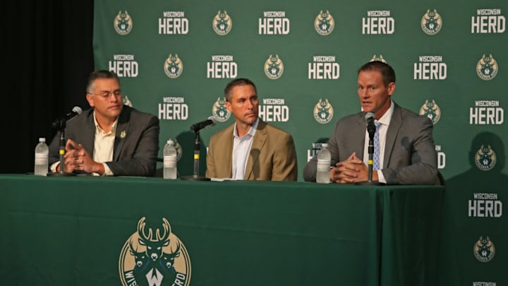 OSHKOSH, WI - AUGUST 11: Wisconsin Herd president Steve Brandes (left) introduces Herd general manager Dave Dean (center) and head coach Jordan Brady (right) during a press conference at the Oshkosh Convention Center on August 11, 2017 in Milwaukee, Wisconsin. NOTE TO USER: User expressly acknowledges and agrees that, by downloading and or using this Photograph, user is consenting to the terms and conditions of the Getty Images License Agreement. Mandatory Copyright Notice: Copyright 2017 NBAE (Photo by Gary Dineen/NBAE via Getty Images)