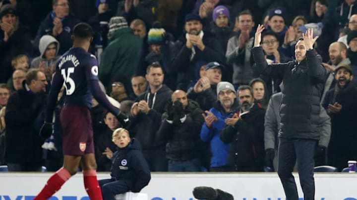 BRIGHTON, ENGLAND - DECEMBER 26: Unai Emery, Manager of Arsenal gives his team instructions during the Premier League match between Brighton & Hove Albion and Arsenal FC at American Express Community Stadium on December 26, 2018 in Brighton, United Kingdom. (Photo by Steve Bardens/Getty Images)