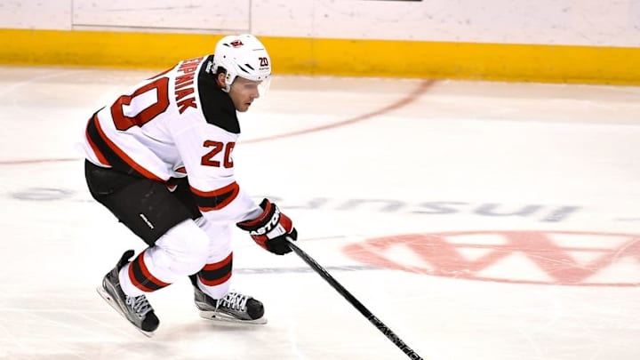 Jan 12, 2016; St. Louis, MO, USA; New Jersey Devils right wing Lee Stempniak (20) skates with the puck against the St. Louis Blues during the third period at Scottrade Center. The St. Louis Blues defeat the New Jersey Devils 5-2. Mandatory Credit: Jasen Vinlove-USA TODAY Sports