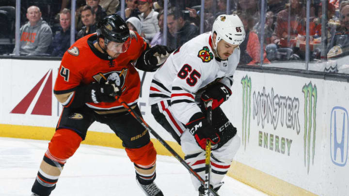 ANAHEIM, CA - NOVEMBER 03: Michael Del Zotto #44 of the Anaheim Ducks and Erik Gustafsson #56 of the Chicago Blackhawks battle for the puck during the second period of the game at Honda Center on November 3, 2019 in Anaheim, California. (Photo by Debora Robinson/NHLI via Getty Images)