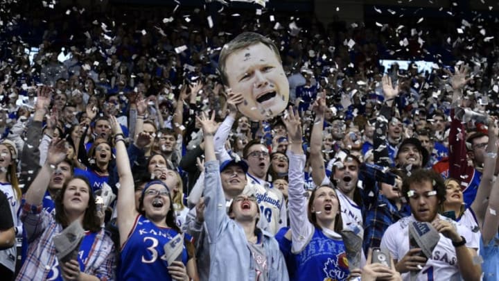 LAWRENCE, KS - FEBRUARY 6: Kansas Jayhawks fans cheer on their team as they are introduced prior to a game against the TCU Horned Frogs at Allen Fieldhouse on February 6, 2018 in Lawrence, Kansas. (Photo by Ed Zurga/Getty Images)