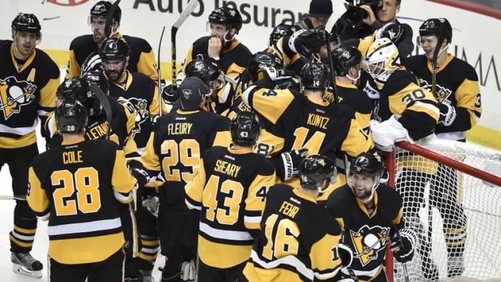 May 26, 2016; Pittsburgh, PA, USA; The Pittsburgh Penguins celebrate after defeating the Tampa Bay Lightning 2-1 in game seven of the Eastern Conference Final of the 2016 Stanley Cup Playoffs at Consol Energy Center. Mandatory Credit: Don Wright-USA TODAY Sports