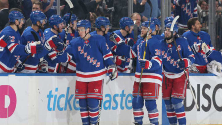 NEW YORK, NY – FEBRUARY 27: Jimmy Vesey #26 of the New York Rangers celebrates with teammates after scoring a goal in the second period against the Tampa Bay Lightning at Madison Square Garden on February 27, 2019 in New York City. (Photo by Jared Silber/NHLI via Getty Images)