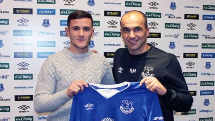 LIVERPOOL, UNITED KINGDOM – JANUARY 7: Everton manager Roberto Martinez poses with new signing Shani Tarashaj at Finch Farm in Halewood, on January 7, 2016 in Liverpool, England. (Photo by Everton FC via Getty Images)