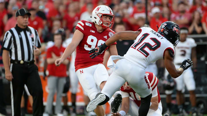 Punter Isaac Armstrong #98 of the Nebraska Cornhuskers (Photo by Steven Branscombe/Getty Images)