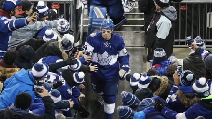 Jan 1, 2017; Toronto, Ontario, CAN; Toronto Maple Leafs center Auston Matthews (34) walks off the field after their overtime victory against the Detroit Red Wings during the Centennial Classic ice hockey game at BMO Field. The Maple Leafs beat the Red Wings 5-4 in overtime. Mandatory Credit: Tom Szczerbowski-USA TODAY Sports