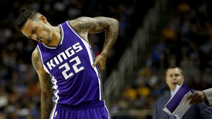 Oct 6, 2016; San Jose, CA, USA; Sacramento Kings forward Matt Barnes (22) reacts after being fouled against the Golden State Warriors in the second quarter at the SAP Center. Mandatory Credit: Cary Edmondson-USA TODAY Sports