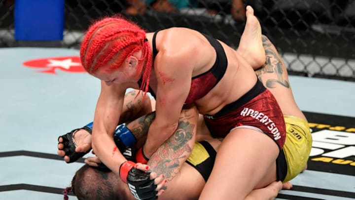 EDMONTON, ALBERTA - JULY 27: (R-L) Gillian Robertson of Canada elbows Sarah Frota of Brazil n their flyweight bout during the UFC 240 event at Rogers Place on July 27, 2019 in Edmonton, Alberta, Canada. (Photo by Jeff Bottari/Zuffa LLC/Zuffa LLC)