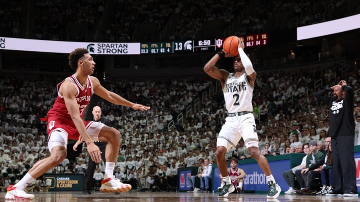 EAST LANSING, MI – FEBRUARY 21: Tyson Walker #2 of the Michigan State Spartans looks to shoot the ball while defended by Trayce Jackson-Davis #23 of the Indiana Hoosiers during the first half of the game at Breslin Center on February 21, 2023 in East Lansing, Michigan. (Photo by Rey Del Rio/Getty Images)