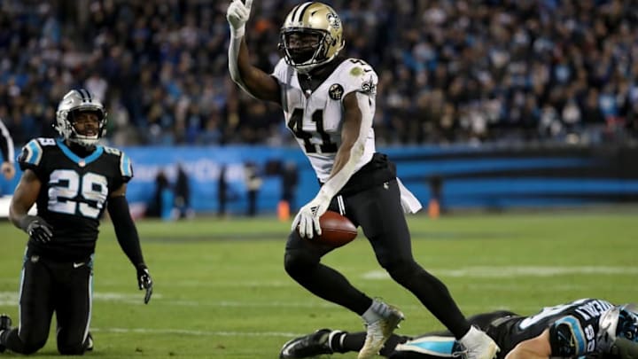 NFL DFS: CHARLOTTE, NC - DECEMBER 17: Alvin Kamara #41 of the New Orleans Saints reacts against the Carolina Panthers in the fourth quarter during their game at Bank of America Stadium on December 17, 2018 in Charlotte, North Carolina. (Photo by Streeter Lecka/Getty Images)