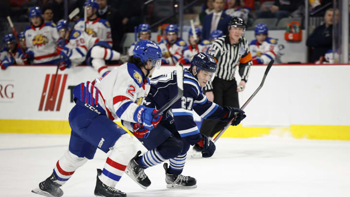 MONCTON, NB – JANUARY 22: Anthony Hamel #2 of Moncton Wildcats skates against Andrei Loshko #27 of Chicoutimi Sagueneens during the third period at Avenir Centre on January 22, 2023 in Moncton, Canada. (Photo by Dale Preston/Getty Images)