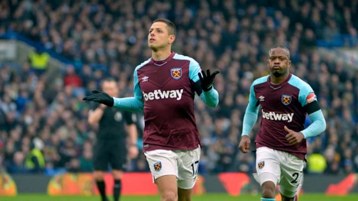 LONDON, ENGLAND - APRIL 08: Javier Hernandez (L) of West Ham United celebrates scoring an equalising goal during the Premier League match between Chelsea and West Ham United at Stamford Bridge on April 8, 2018 in London, England. (Photo by Arfa Griffiths/West Ham United via Getty Images)