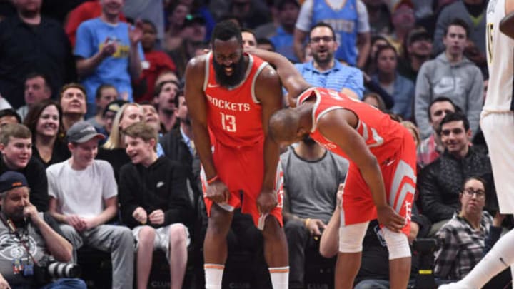 DENVER, CO – FEBRUARY 25: James Harden #13 of the Houston Rockets is injured during the game against the Denver Nuggets at Pepsi Center on February 25, 2018 in Denver, Colorado. NOTE TO USER: User expressly acknowledges and agrees that, by downloading and or using this photograph, User is consenting to the terms and conditions of the Getty Images License Agreement. (Photo by Justin Tafoya/Getty Images)