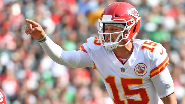 Oct 3, 2021; Philadelphia, Pennsylvania, USA; Kansas City Chiefs quarterback Patrick Mahomes (15) calls a play against the Philadelphia Eagles during the third quarter at Lincoln Financial Field. Mandatory Credit: Eric Hartline-USA TODAY Sports