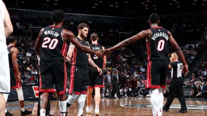 BROOKLYN, NY – OCTOBER 5: Justise Winslow #20 and Josh Richardson #0 of the Miami Heat high five each other during the game against the Brooklyn Nets during a preseason game on October 5, 2017 at Barclays Center in Brooklyn, New York. NOTE TO USER: User expressly acknowledges and agrees that, by downloading and or using this Photograph, user is consenting to the terms and conditions of the Getty Images License Agreement. Mandatory Copyright Notice: Copyright 2017 NBAE (Photo by Nathaniel S. Butler/NBAE via Getty Images)