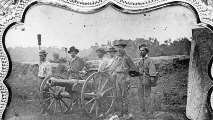 Members of a Free-State Battery formed to fight pro-slavery forces in Kansas during the 'Bleeding Kansas' period, 1856. They are at Topeka in Kansas. (Photo by Hulton Archive/Getty Images)