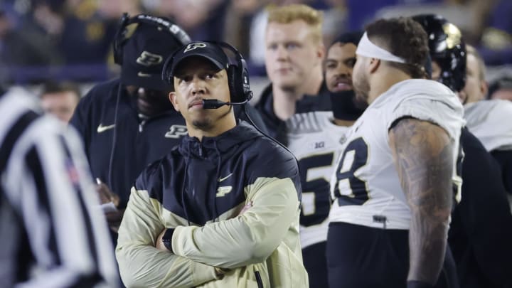 Nov 4, 2023; Ann Arbor, Michigan, USA; Purdue Boilermakers head coach Ryan Walters on the sideline in the second half against the Michigan Wolverines at Michigan Stadium. Mandatory Credit: Rick Osentoski-USA TODAY Sports
