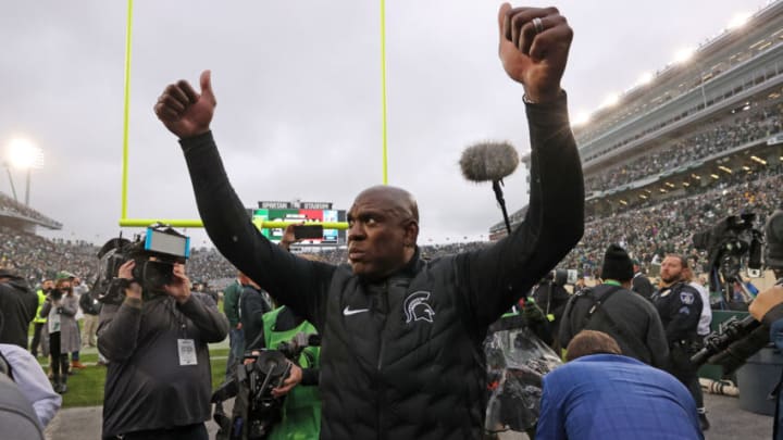 EAST LANSING, MICHIGAN - OCTOBER 30: Head coach Mel Tucker of the Michigan State Spartans celebrates a 37-33 win over the Michigan Wolverines at Spartan Stadium on October 30, 2021 in East Lansing, Michigan. (Photo by Gregory Shamus/Getty Images)