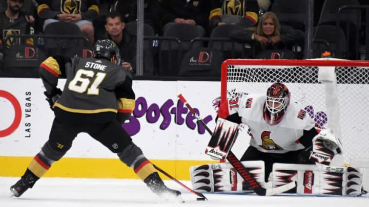 LAS VEGAS, NEVADA - OCTOBER 17: Anders Nilsson #31 of the Ottawa Senators blocks a shootout goal attempt by Mark Stone #61 of the Vegas Golden Knights in the third period of their game at T-Mobile Arena on October 17, 2019 in Las Vegas, Nevada. The Golden Knights defeated the Senators 3-2 in a shootout. (Photo by Ethan Miller/Getty Images)
