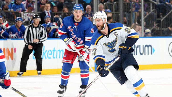 NEW YORK, NY - MARCH 29: Alex Pietrangelo #27 of the St. Louis Blues skates with the puck against the New York Rangers at Madison Square Garden on March 29, 2019 in New York City. (Photo by Jared Silber/NHLI via Getty Images)