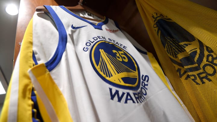 OAKLAND, CA - MAY 14: The jersey of Kevin Durant #35 of the Golden State Warriors before Game One of the 2019 Western Conference Finals of the NBA Playoffs at the ORACLE Arena on May 14, 2019 in Oakland, California. NOTE TO USER: User expressly acknowledges and agrees that, by downloading and or using this Photograph, user is consenting to the terms and conditions of the Getty Images License Agreement. Mandatory Copyright Notice: Copyright 2019 NBAE (Photo by Noah Graham/NBAE via Getty Images)