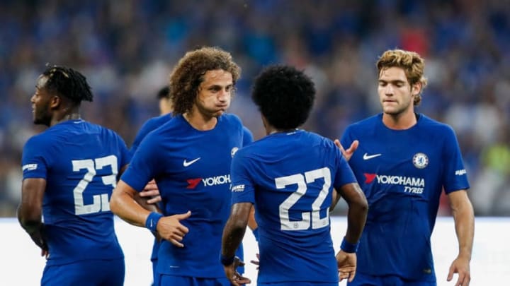 BEIJING, CHINA - JULY 22: Willian of Chelsea celebrates with tema mate David Luiz after scoring during the Pre-Season Friendly match between Arsenal FC and Chelsea FC at Birds Nest on July 22, 2017 in Beijing, China. (Photo by Yifan Ding/Getty Images )