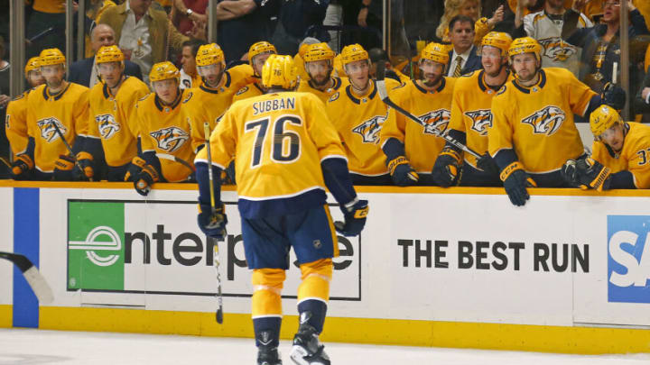 NASHVILLE, TENNESSEE - APRIL 10: P.K. Subban #76 of the Nashville Predators skates to his bench after scoring a goal against the Dallas Stars during the third period of a 3-2 Stars victory in Game One of the Western Conference First Round during the 2019 NHL Stanley Cup Playoffs at Bridgestone Arena on April 10, 2019 in Nashville, Tennessee. (Photo by Frederick Breedon/Getty Images)