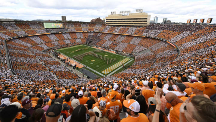 KNOXVILLE, TENNESSEE - OCTOBER 14: The Tennessee Volunteers marching band forms a "T" before their game against the Texas A&M Aggies at Neyland Stadium on October 14, 2023 in Knoxville, Tennessee. (Photo by Eakin Howard/Getty Images)