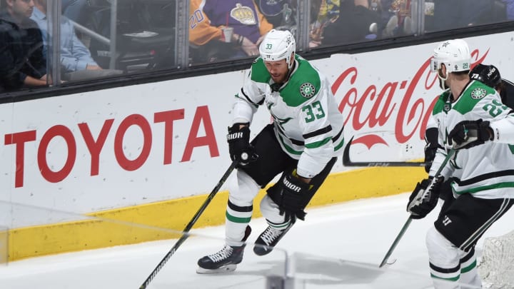 LOS ANGELES, CA – APRIL 7: Marc Methot #33 of the Dallas Stars skates after the puck during a game against the Los Angeles Kings at STAPLES Center on April 7, 2018 in Los Angeles, California. (Photo by Adam Pantozzi/NHLI via Getty Images)