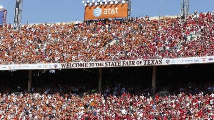 Oct 10, 2015; Dallas, TX, USA; A general view of the 50 yard line of the Cotton bowl for the Red river rivalry with the Oklahoma Sooners playing against the Texas Longhorns during Red River rivalry with the