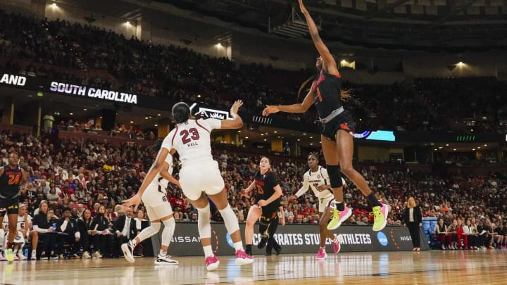 Mar 27, 2023; Greenville, SC, USA; Maryland Terrapins guard Diamond Miller (1) goes up for a shot against South Carolina Gamecocks guard Bree Hall (23) during the first half at the NCAA WomenÕs Tournament at Bon Secours Wellness Arena. Mandatory Credit: Jim Dedmon-USA TODAY Sports