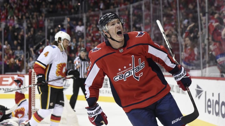 WASHINGTON, DC – FEBRUARY 01: Dmitrij Jaskin #23 of the Washington Capitals celebrates after scoring a goal in the first period against the Calgary Flames at Capital One Arena on February 1, 2019 in Washington, DC. (Photo by Patrick McDermott/NHLI via Getty Images)